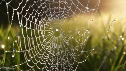 A spider web is shown with dew drops on it. The web is very intricate and has a lot of detail. The dew drops add a sense of freshness and tranquility to the scene