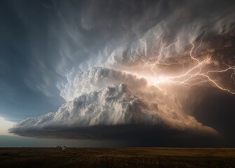 Wall Mural - Thunderstorm with lightning, tornado in the field