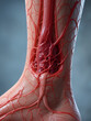 © Lauren - 3D rendering of a blood clot inside the leg, with a close-up view of veins and arteries, highlighting obstruction and poor circulation