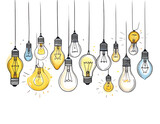 Light bulbs illuminating, hanging with illustrating ideas and creativity