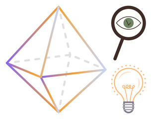 Triangular geometric structure with gradient lines, magnifying glass over an eye, and glowing light bulb. Ideal for creativity, vision, research, innovation, exploration ideas analysis. Simple flat