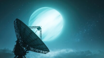 Wall Mural - Large satellite dish points towards a glowing turquoise planet in a starry night sky, suggesting communication or observation of extraterrestrial activity