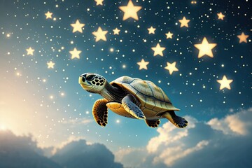 Wall Mural - cute cream turtle floating among stars in a peaceful heavenly scene