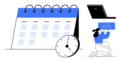 female coder inspecting code on a tablet near a spiral-bound calendar, clock, and laptop. ideal for 