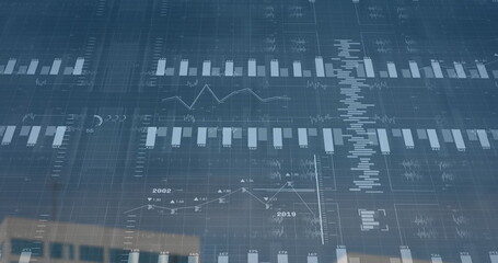 Wall Mural - displaying data dashboard overlay on digital interface, with grid lines, bar charts and line graphs