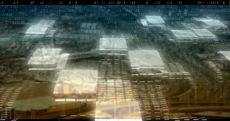 Wall Mural - featuring floating translucent panels hovering above city skyline with cascading binary digits