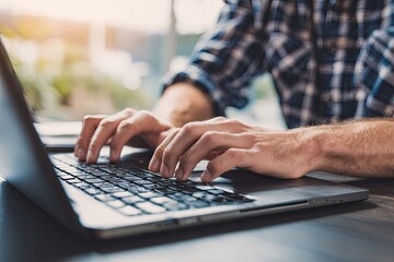 Close-up of hands typing on a laptop.  A person in a plaid shirt is seated at a desk, focused on their laptop