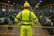© Bijac - Safety supervisor in high-visibility gear overlooking industrial manufacturing floor from elevated platform
