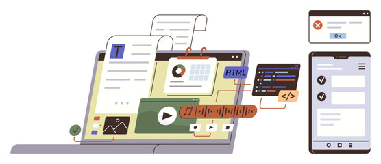 Laptop with website content, HTML coding, media player, charts, and tablet showing design layout. Ideal for coding, web design, responsiveness, digital planning UIUX cross-platform usage simple