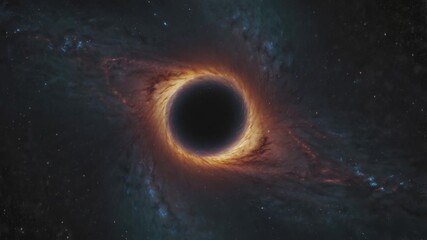 Wall Mural - A stunning artistic illustration of a black hole. At its center is a pitch-black sphere representing the black hole itself, surrounded by an accretion disk glowing in reddish-orange and golden-yellow 