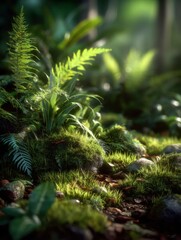 Wall Mural - Lush Green Forest Floor with Mossy Rocks and Ferns, Illuminated by Sunlight