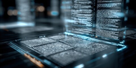 advanced technology data visualization display screen with coding and programming information for bu