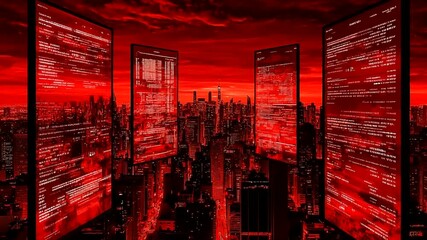 Digital Metropolis: Abstract cityscape with code-covered skyscrapers in a futuristic red tinted panorama