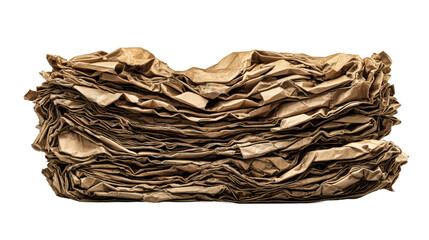 Wall Mural - large stack of wrinkled brown paper sheets on white background, cut out transparent