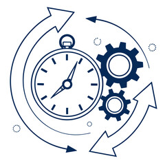 Clock with arrows rotating around and gears symbolizing time management and productivity concept design