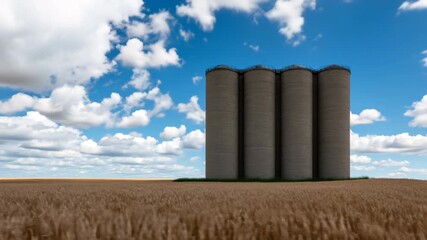 Wall Mural - grain warehouse concept, grain silos stand tall against blue sky, surrounded by golden wheat fields 