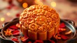 © Lynniee - A festive mooncake with floral imprints and golden accents, celebrating China National Day with elegance.