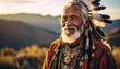© Pixel Senpai - Hyper-realistic portrait of a wise elder, smiling in traditional regalia against a golden hour landscape backdrop.