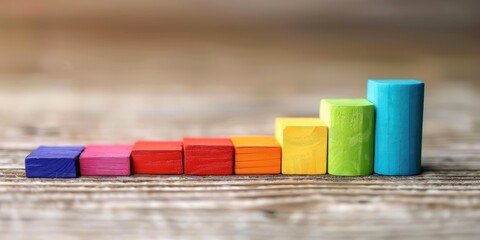 A colorful, abstract art piece featuring a rainbow of wooden blocks arranged in a gradient pattern on a wooden surface with a blurred background