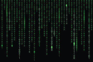 Digital computer code coding and hacking vector illustration with a green matrix background stream of binary code dropping numbers over a dark backdrop