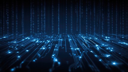 Dynamic blue digital circuit board with flowing binary code creating a futuristic network of data and technology
