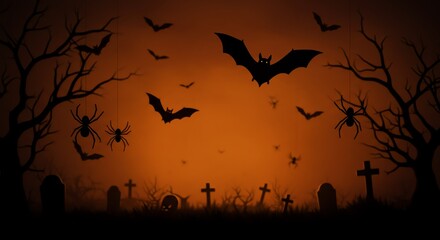 halloween graveyard scene with bats and spooky trees