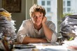 © Salander Studio - a tired office worker sitting at a desk behind piles of papers