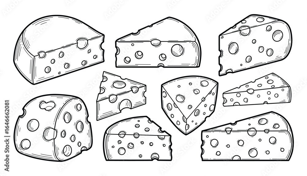 Various cheese shapes with holes, outline drawings, simple dairy food ...