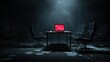 © Nuttawut - Corporate Crisis: A dimly lit room features a laptop displaying a red declining chart sits on a table surrounded by empty chairs, symbolizing financial instability and business failure.