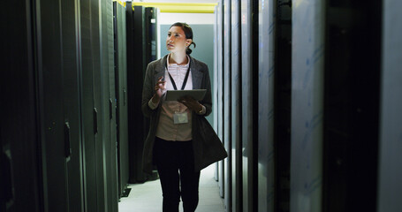 Database, inspection and tech support with woman in server room for cybersecurity or maintenance. App, infrastructure and mainframe with IT professional in network hub for firewall engineering