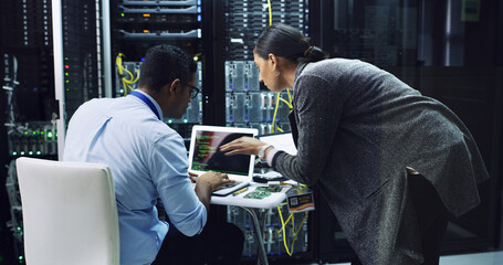 Server room, team and people with laptop screen for coding, software update or system maintenance. Datacenter, programming and cloud computing with IT technician for database, cybersecurity and back