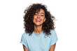 © The Stock Guy - Happy young woman with curly brown hair laughing joyfully. Cheerful and natural female beauty with a genuine smile in a studio shot