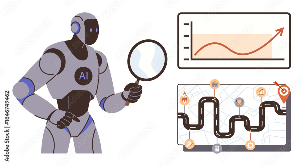 Robotics Development Analysis Robot with magnifying glass examining growth chart and roadmap with ...