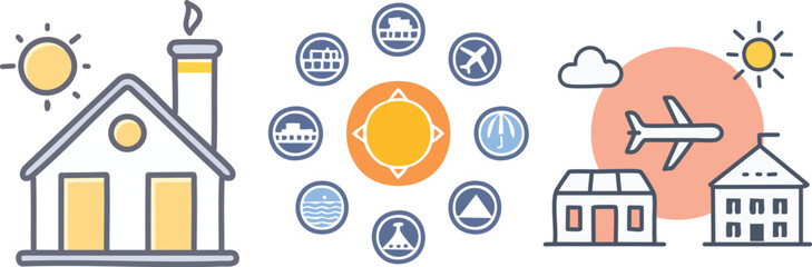 A comprehensive summer travel and holiday tour icon set for app and website design, containing essential symbols like a hotel, sun, tent for camping, and an airplane.
