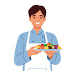 © SM - Smiling chef holding plate of fresh fruits and vegetables, white background