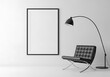 © Jasim - Modern interior with a black barcelona chair and an arc lamp next to a blank poster frame on a white wall