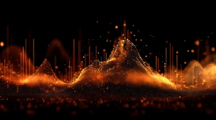 Abstract Golden Landscape with Glowing Particles on Dark Background