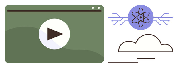 Green video player with play button, atom with circuit lines, and a cloud symbol. Ideal for technology, cloud computing, video streaming, education, innovation science and digital transformation. A