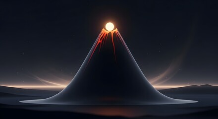 Conceptual representation of a cosmic volcano with a glowing orb, minimalist planetary landscape with molten energy flow