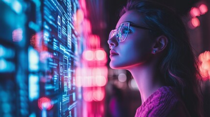 Wall Mural - A woman engaged with digital technology, pondering the future of innovation. Bright neon colors illuminate the scene. The intersection of human curiosity and technology is captivating. Generative AI
