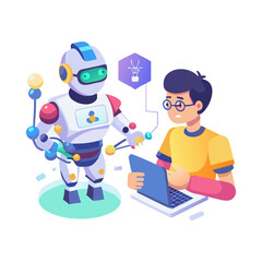 Man collaborating with a robot on a laptop isolated on white background