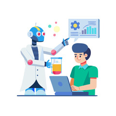Robot and man collaborating on scientific research isolated on white background