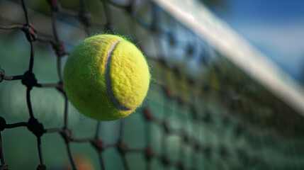 A detailed photo of a tennis ball mid-flight, showing the blur of its spin and the net in the background.