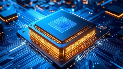 Immersive 3D Rendering of a Futuristic Microchip and Circuitry with Glowing Elements