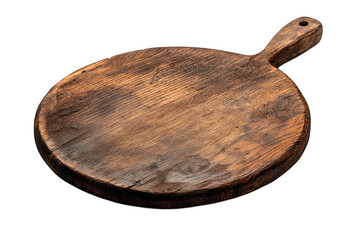 Old wooden cutting board with handle isolated on transparent background