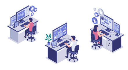 Isometric office workspace with people at computers analyzing data and charts