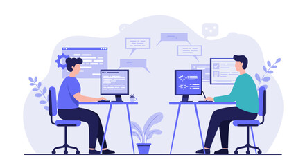 Collaborative office work with modern technology and team communication in minimalist workspace