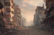 © Michał Magiera - People walking through ruined buildings after a conflict. Destruction and debris everywhere.