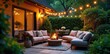 © Phetsala - A cozy family patio scene, perfect for summer evenings String lights illuminate comfortable seating and lush greenery, creating a relaxing outdoor oasis , string lights, landscape