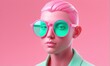© Anupong - Stylized Female Portrait Pink Hair Green Sunglasses Minimalist Art